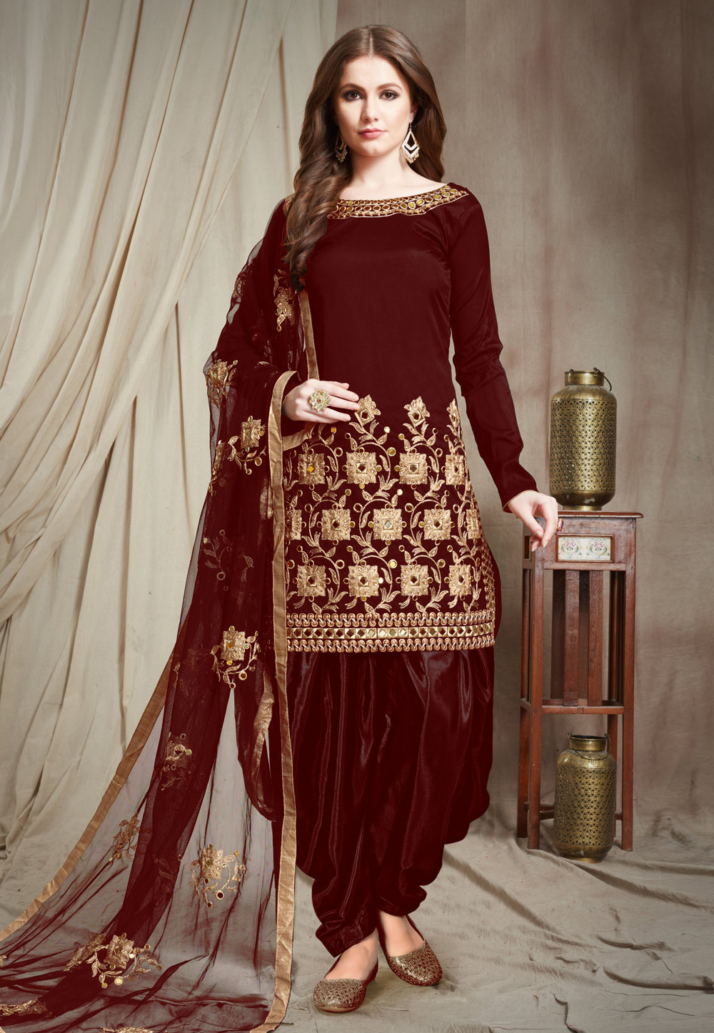 Maroon Faux Georgette Patiala Suit 184110