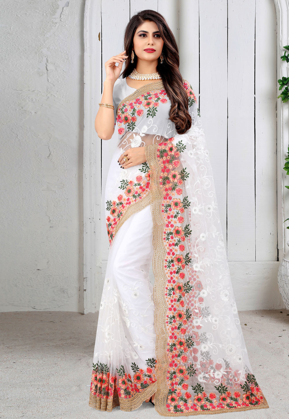 Off White Net Festival Wear Saree 233933