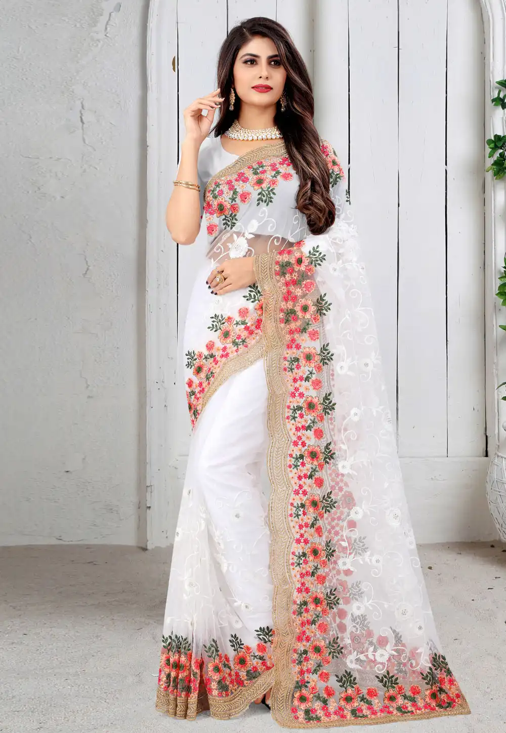 Off White Net Festival Wear Saree 233933