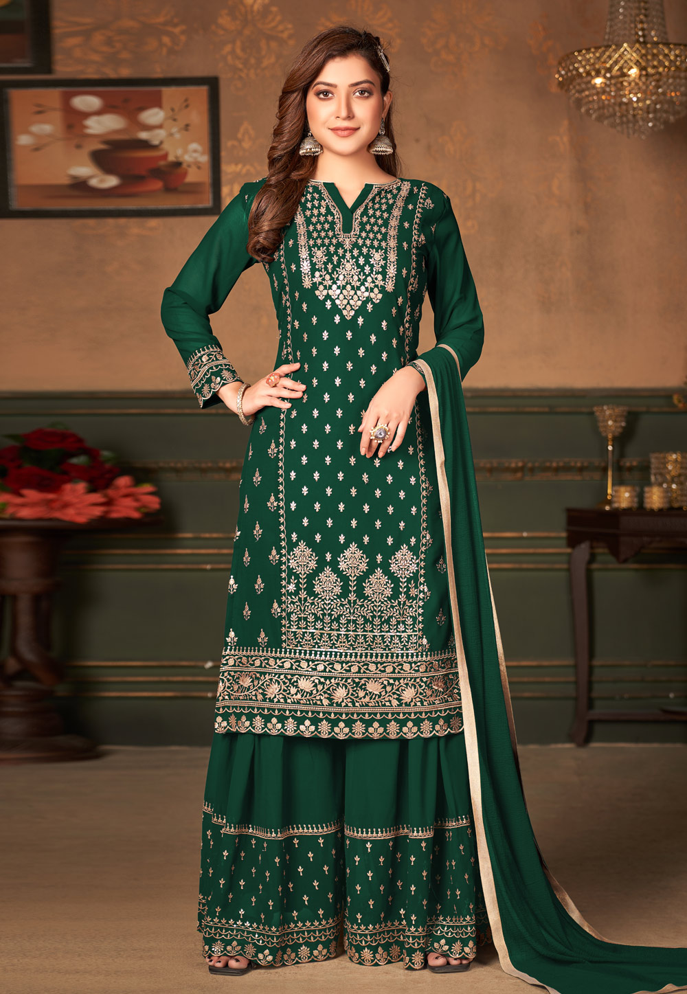 Green Faux Georgette Palazzo Suit 244699