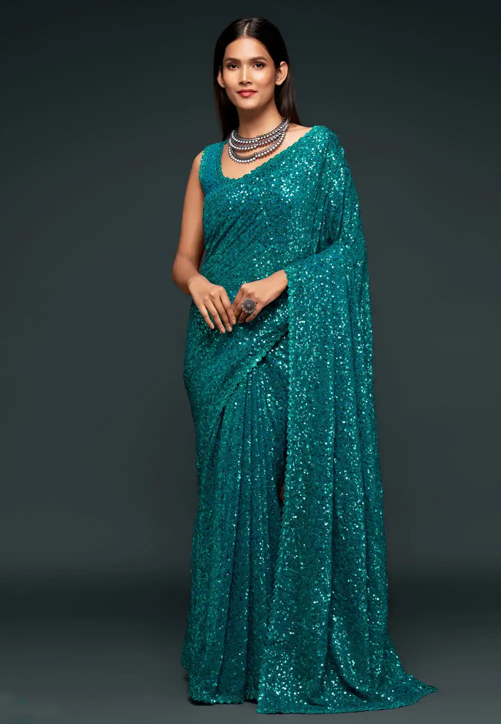 Teal Georgette Saree With Blouse 234297