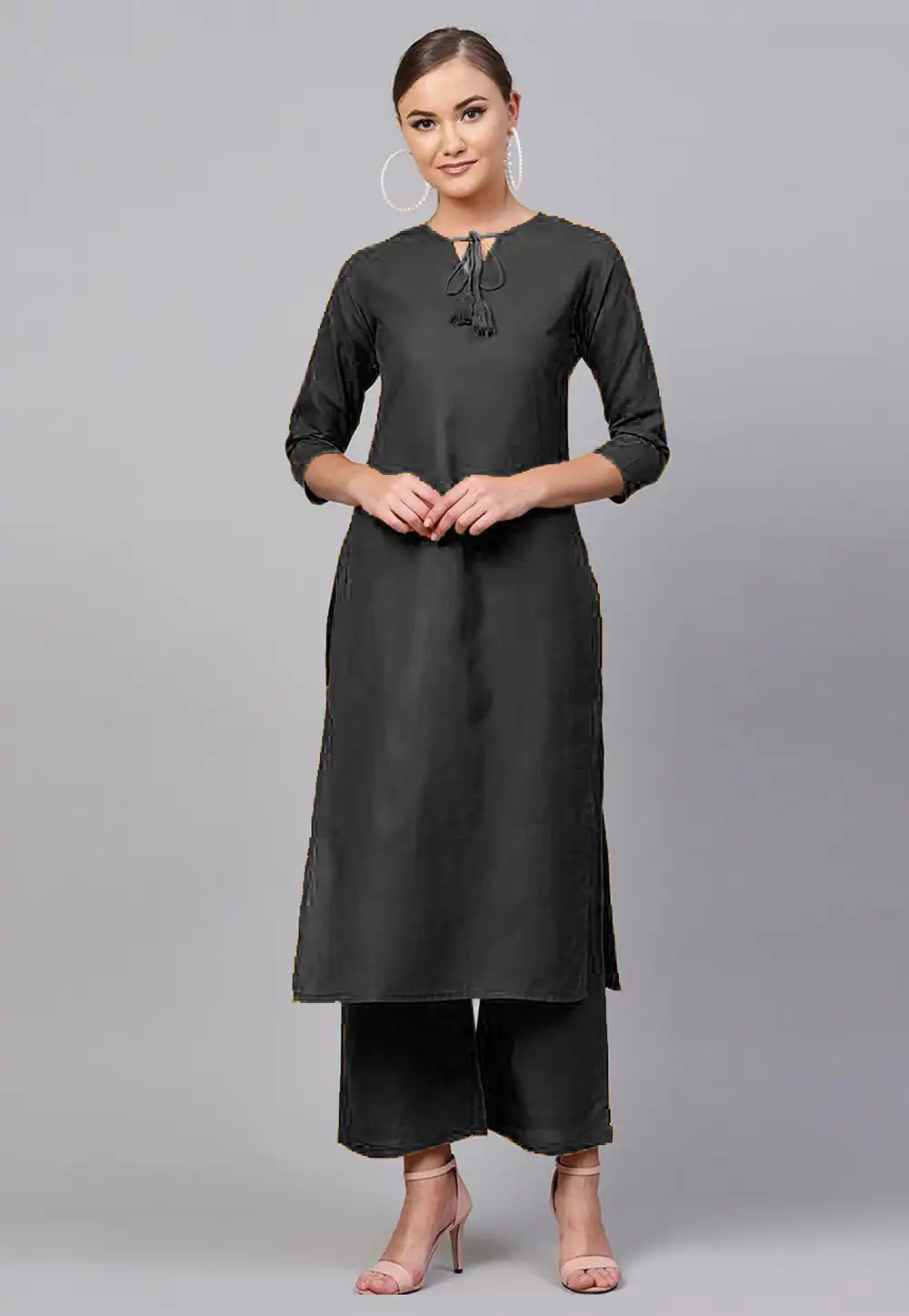 Black Rayon Readymade Kurta Set With Palazzo 213555