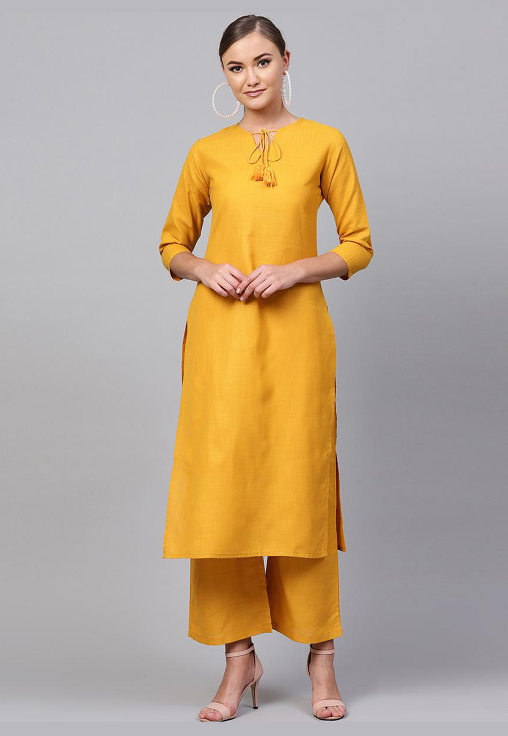 Mustard Rayon Readymade Kurta Set With Palazzo 213404