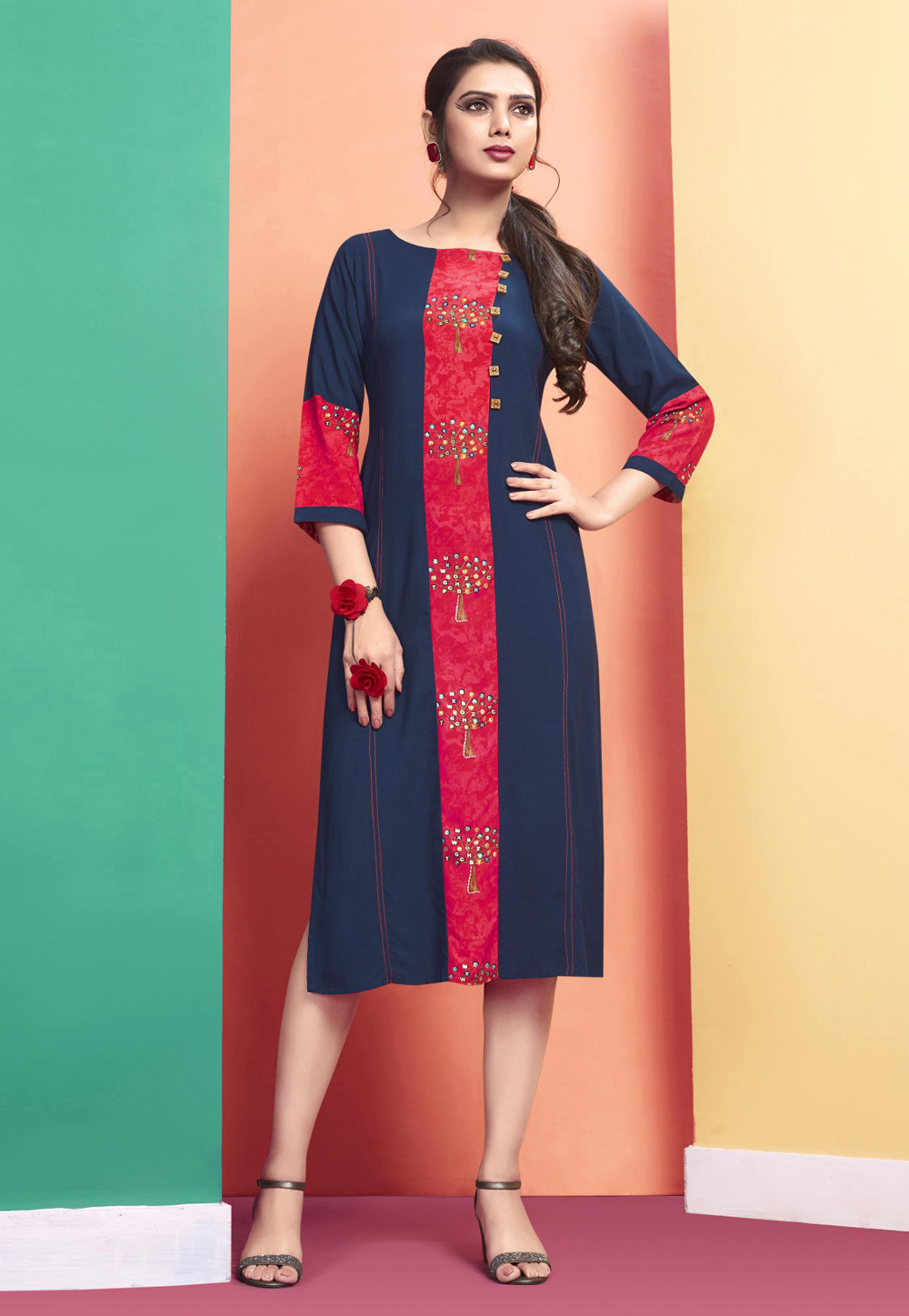 Navy Blue Rayon Readymade Printed Kurti 201303