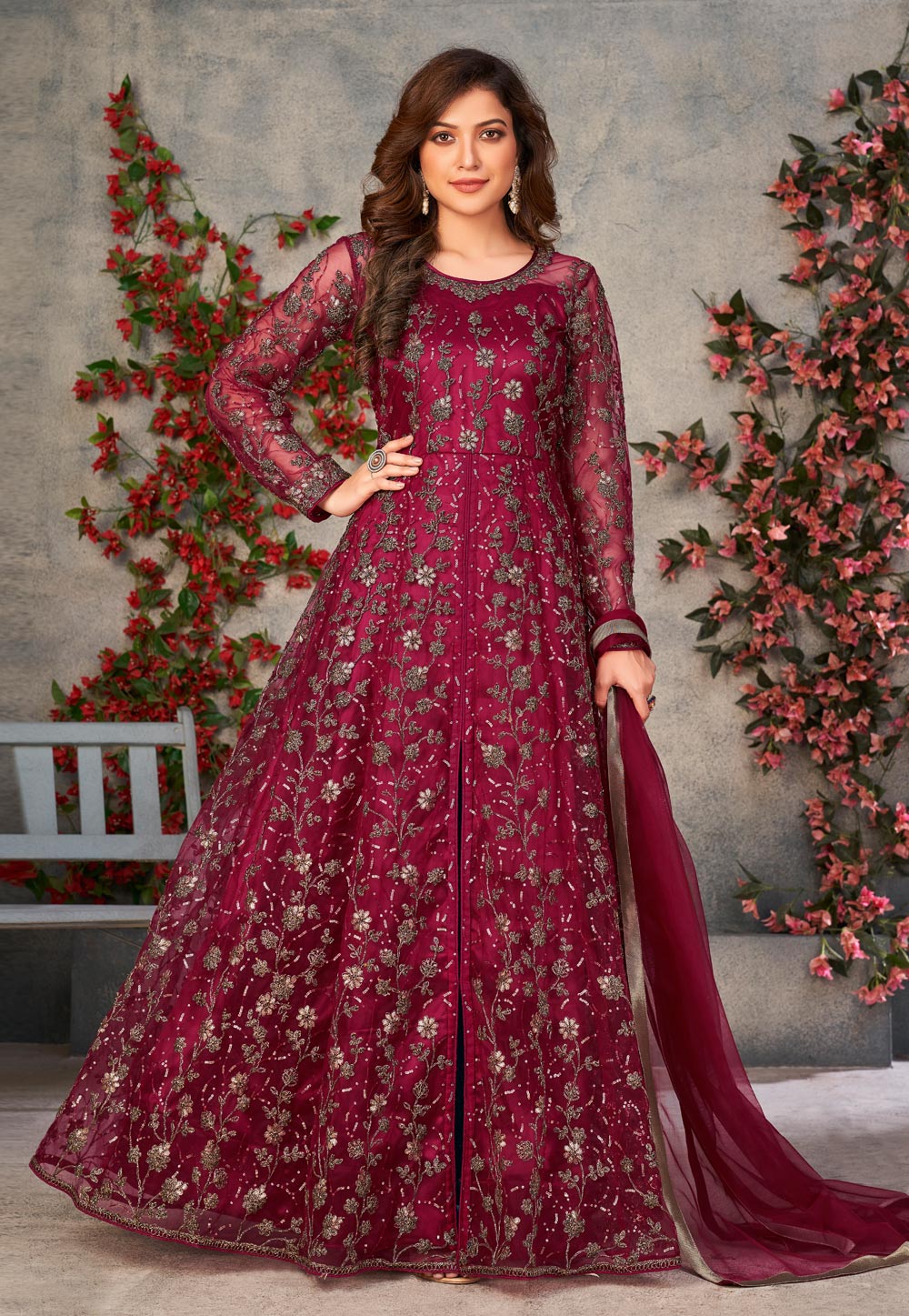 Magenta Net Embroidered Anarkali Suit 247487