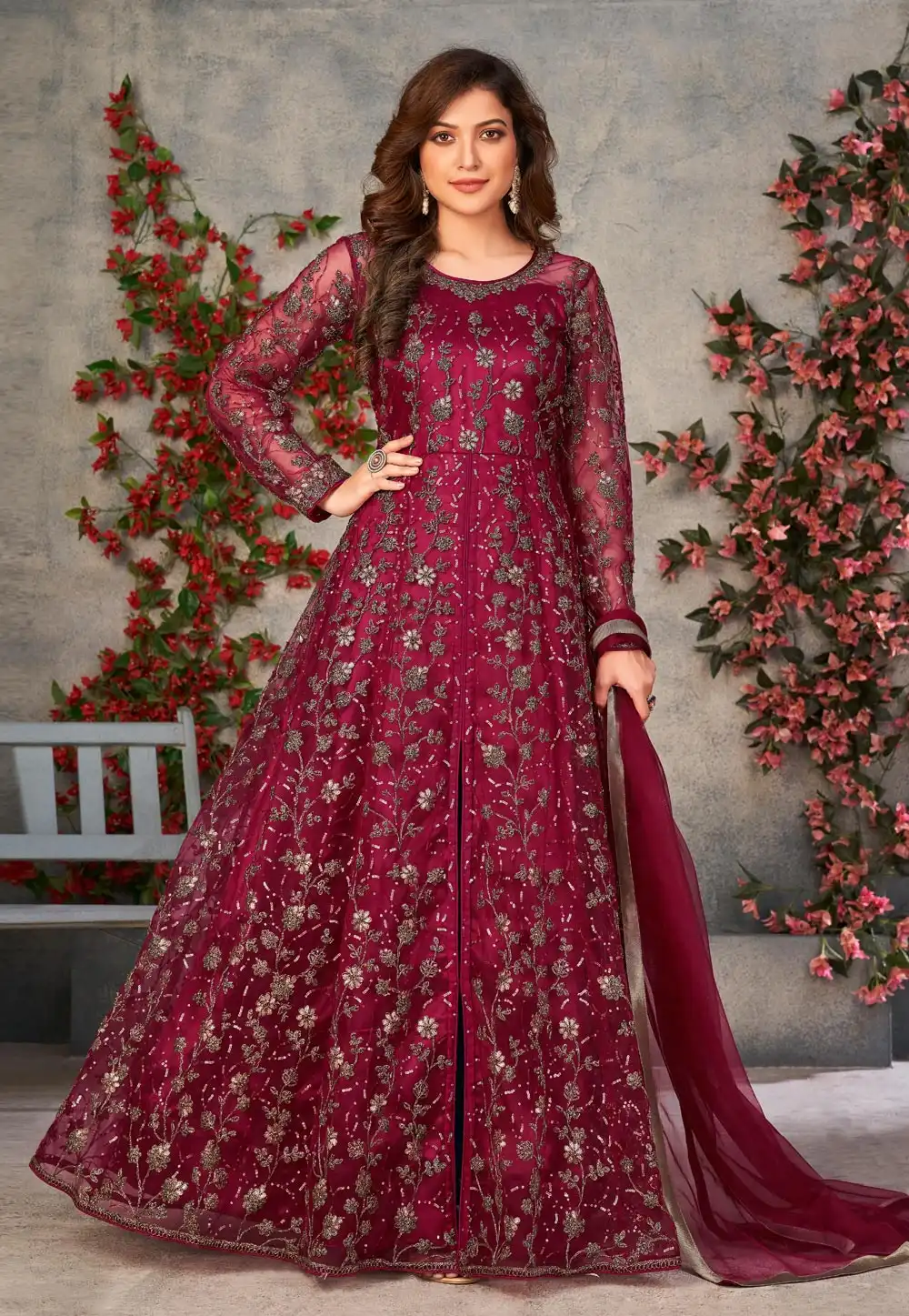 Magenta Net Embroidered Anarkali Suit 247487