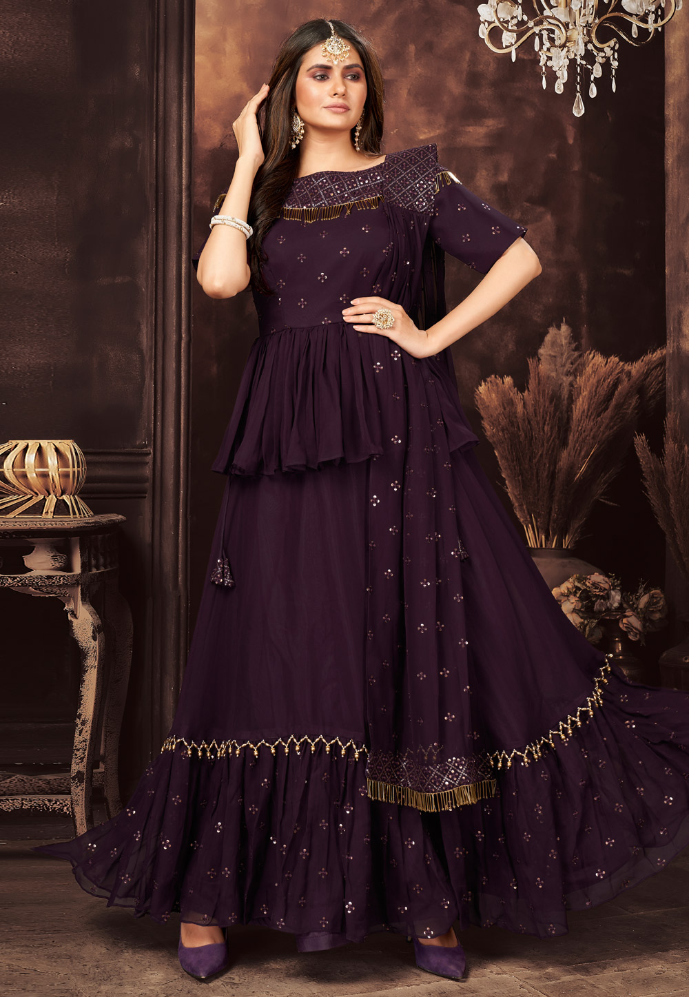 Purple Georgette Peplum Lehenga Choli 243076