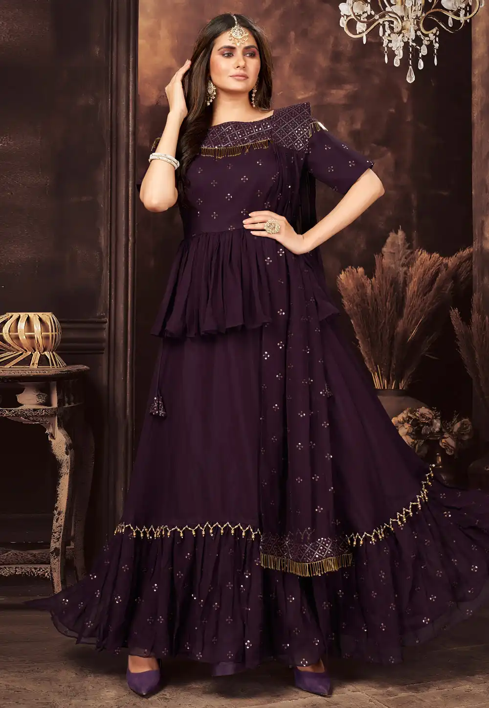 Purple Georgette Peplum Lehenga Choli 243076