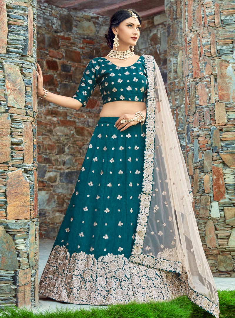 Teal Art Silk A Line Lehenga Choli 136728