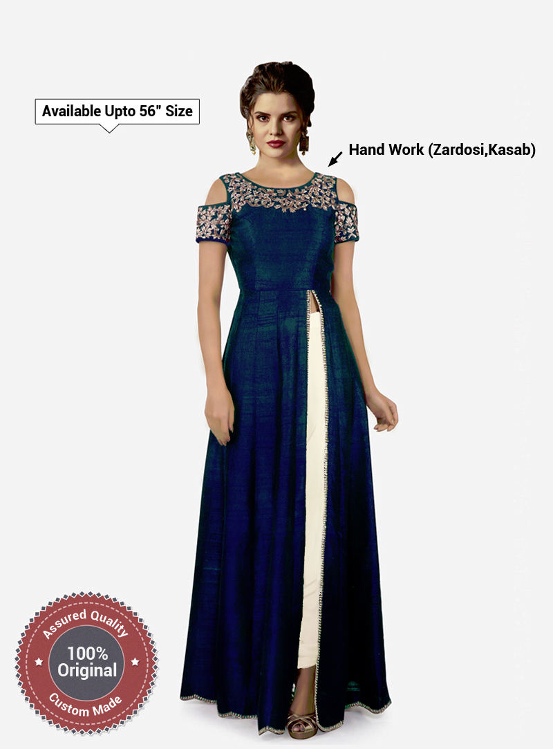 Navy Blue Raw Silk Cold Shoulder Pant Style Suit 153209