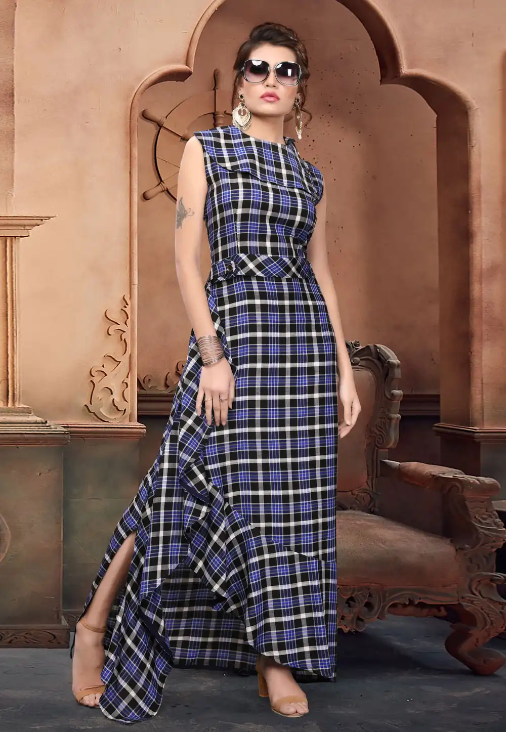 Blue Cotton Readymade Gown 166897