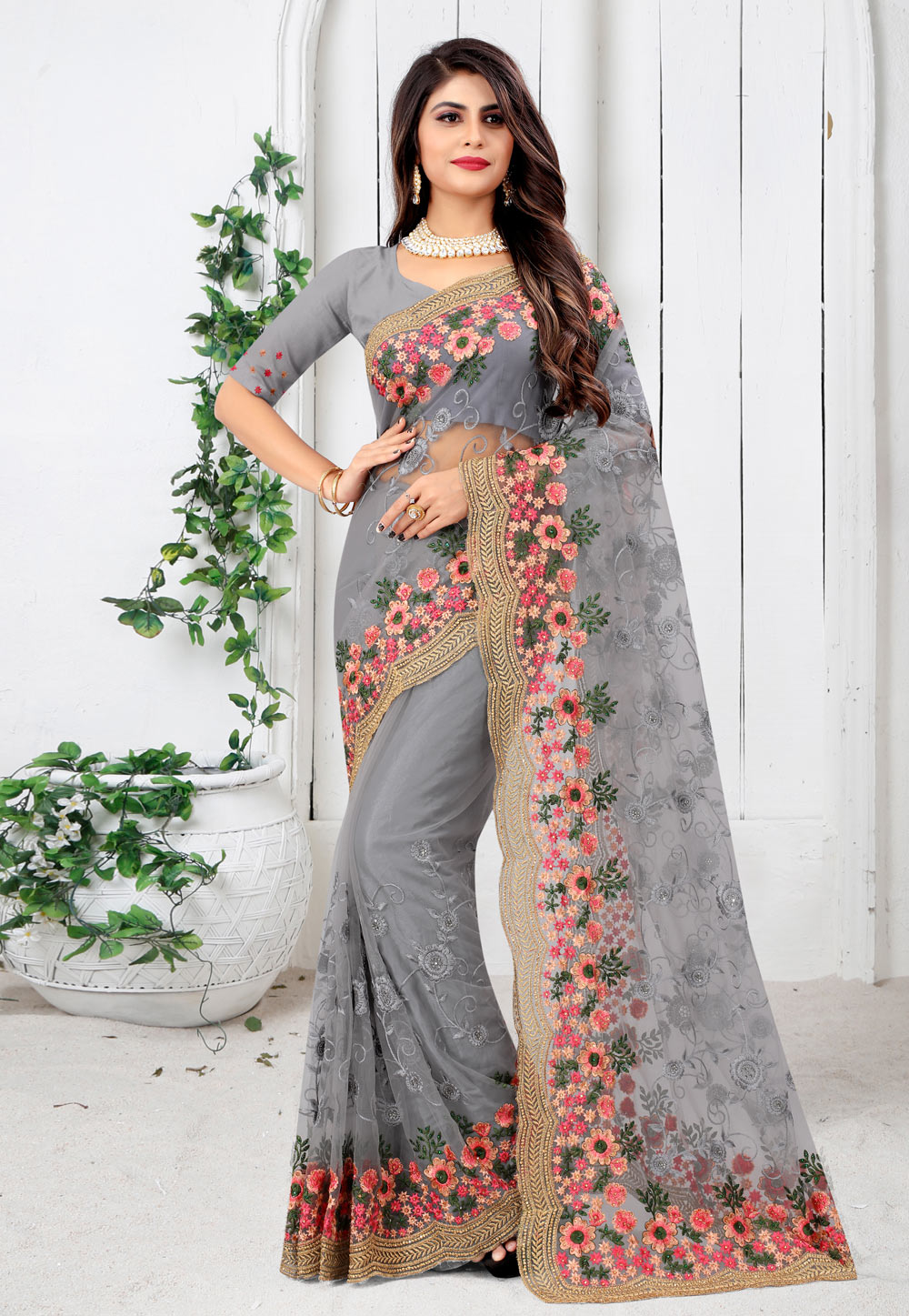 Grey Net Festival Wear Saree 233935
