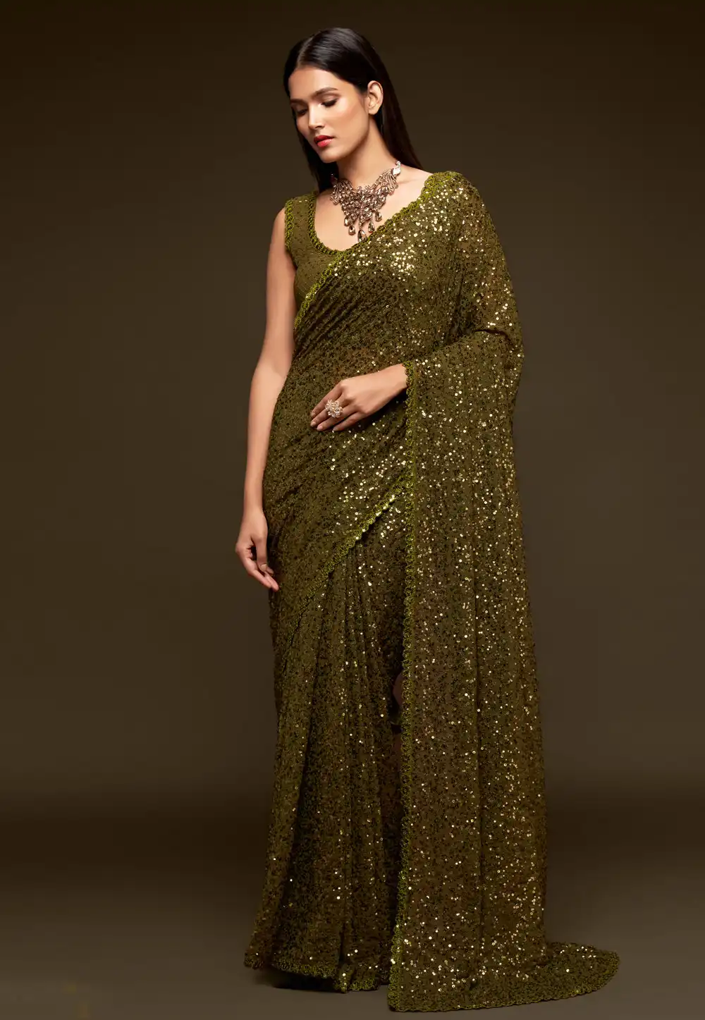 Mehndi Georgette Saree With Blouse 234299