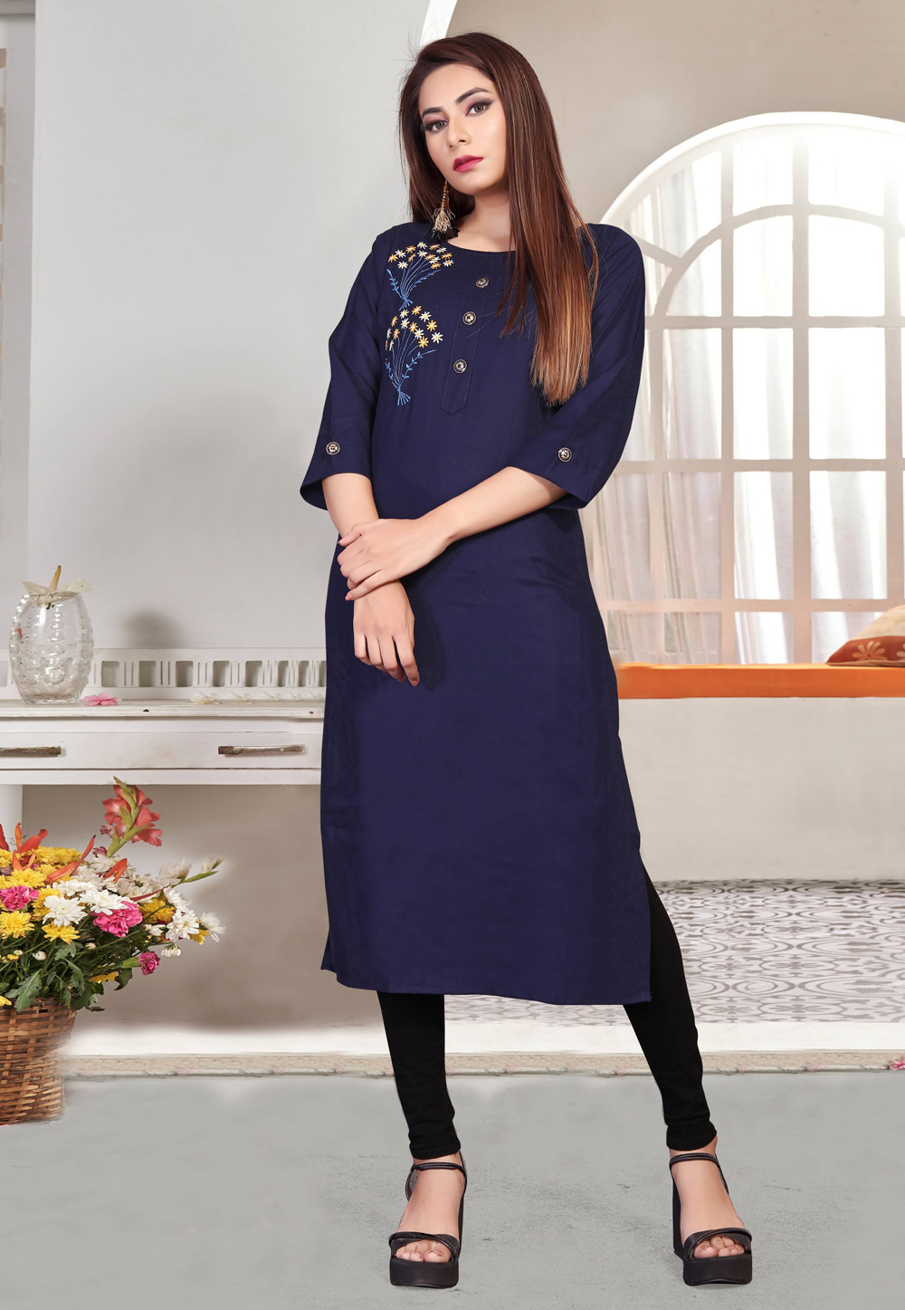 Navy Blue Rayon Kurti 216480