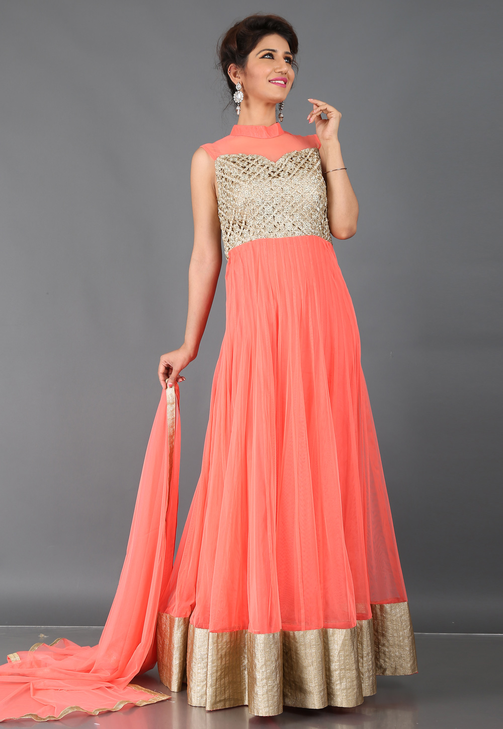 Peach Soft Net Designer Party Wear Gown  64289