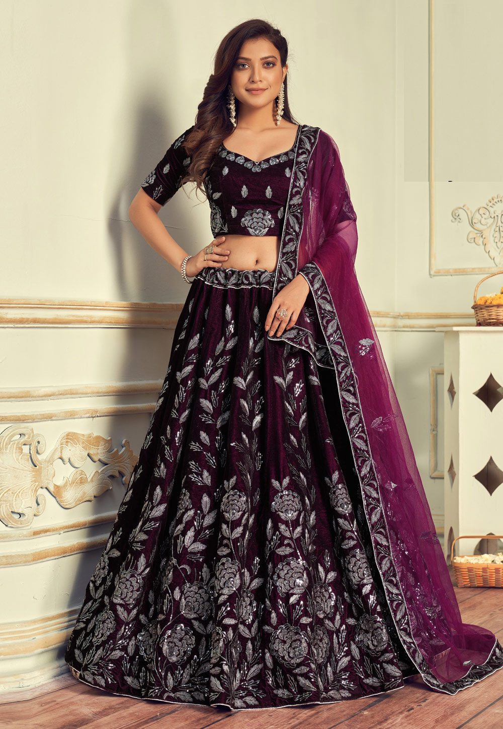 Purple Velvet Circular Lehenga Choli 253975