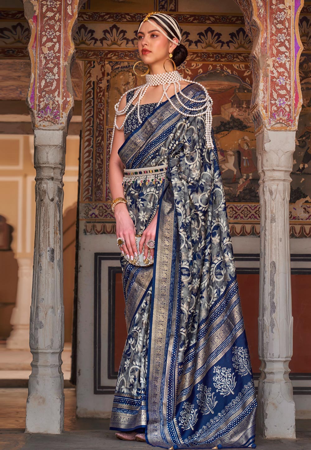 Navy Blue Silk Saree With Blouse 267683