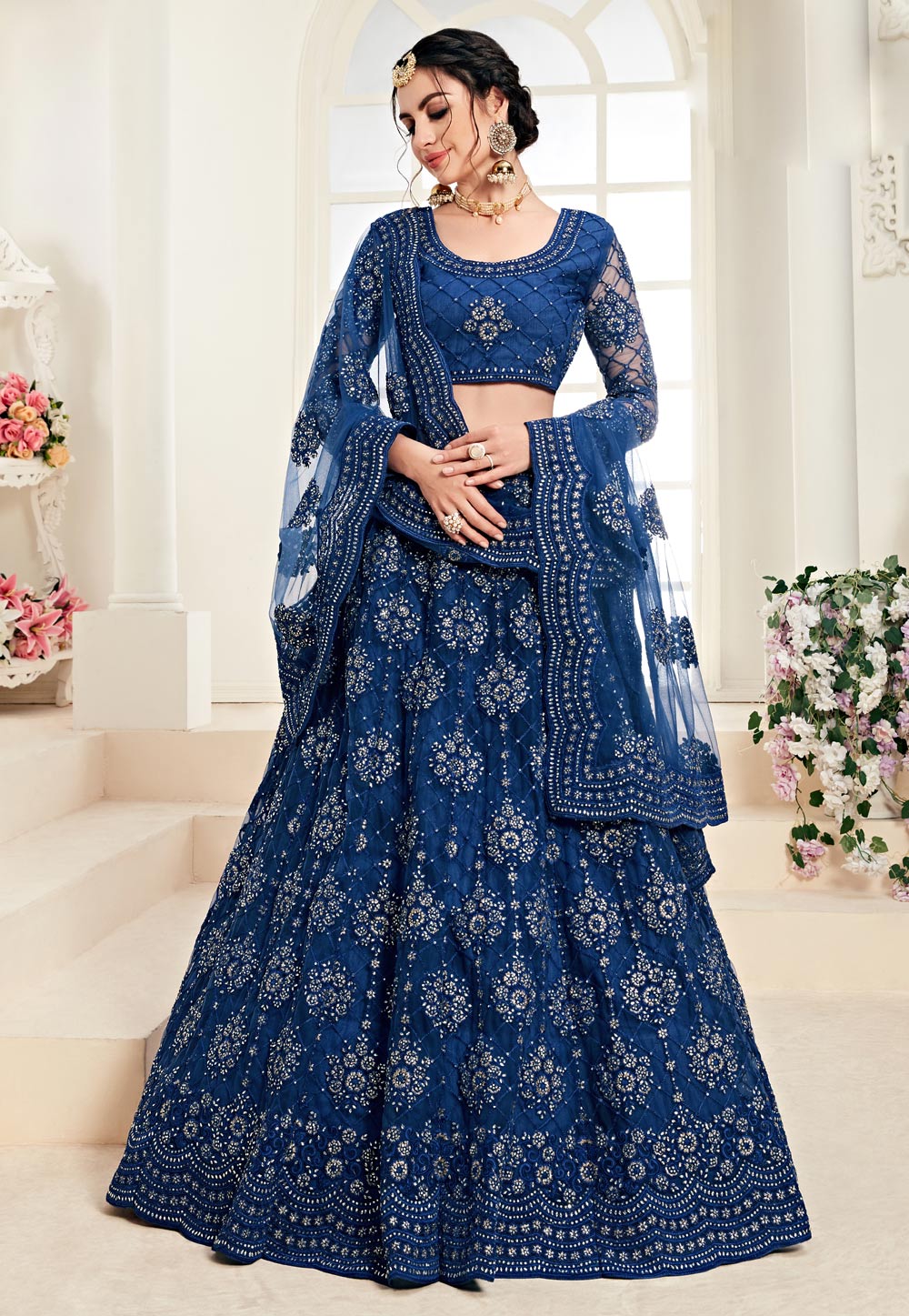 Blue Net Circular Lehenga Choli 198727