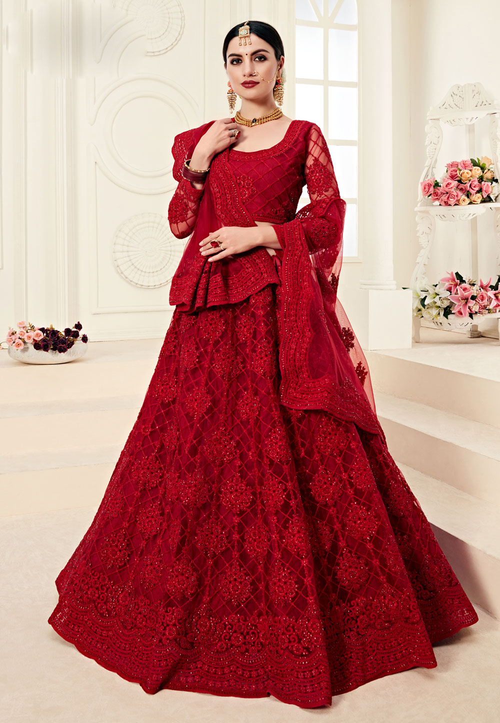 Red Net Circular Lehenga Choli 198728