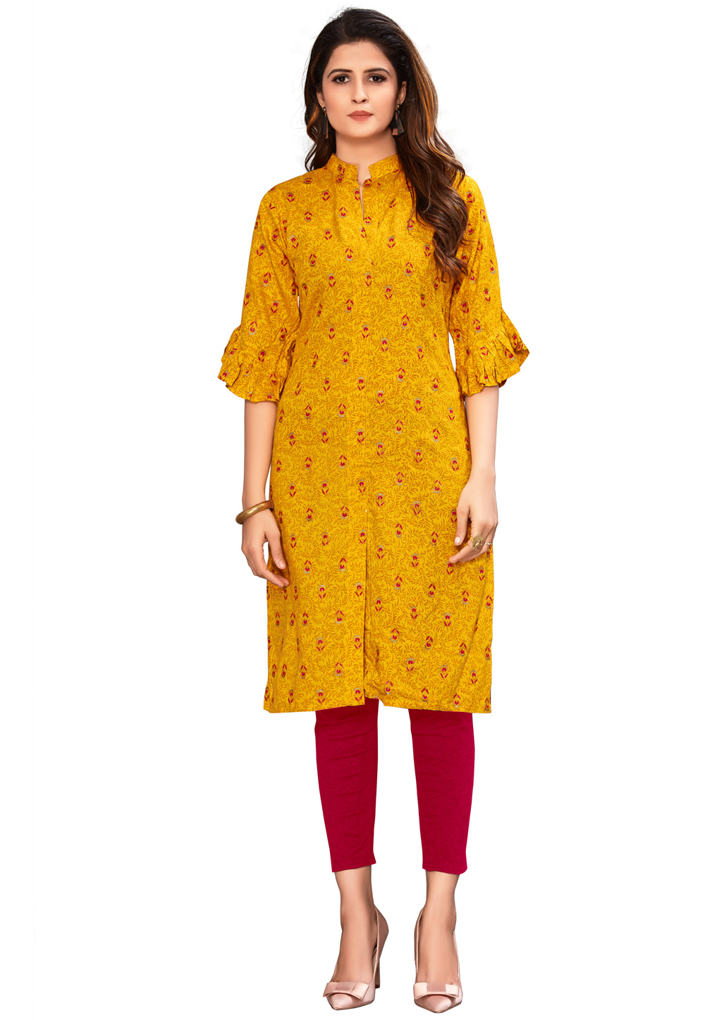 Yellow Cotton Printed Kurti 219825