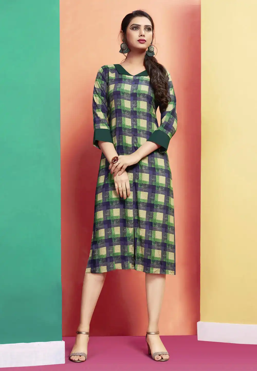 Navy Blue Rayon Readymade Printed Kurti 201305