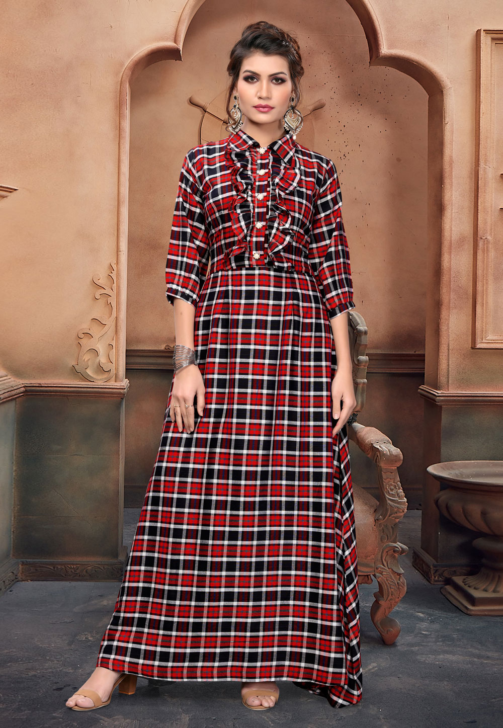 Red Cotton Readymade Gown 166898