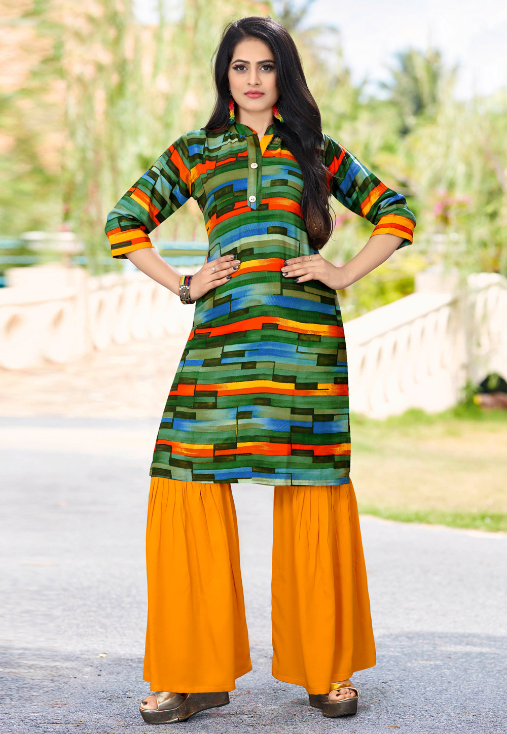 Green Rayon Readymade Sharara Suit 181759