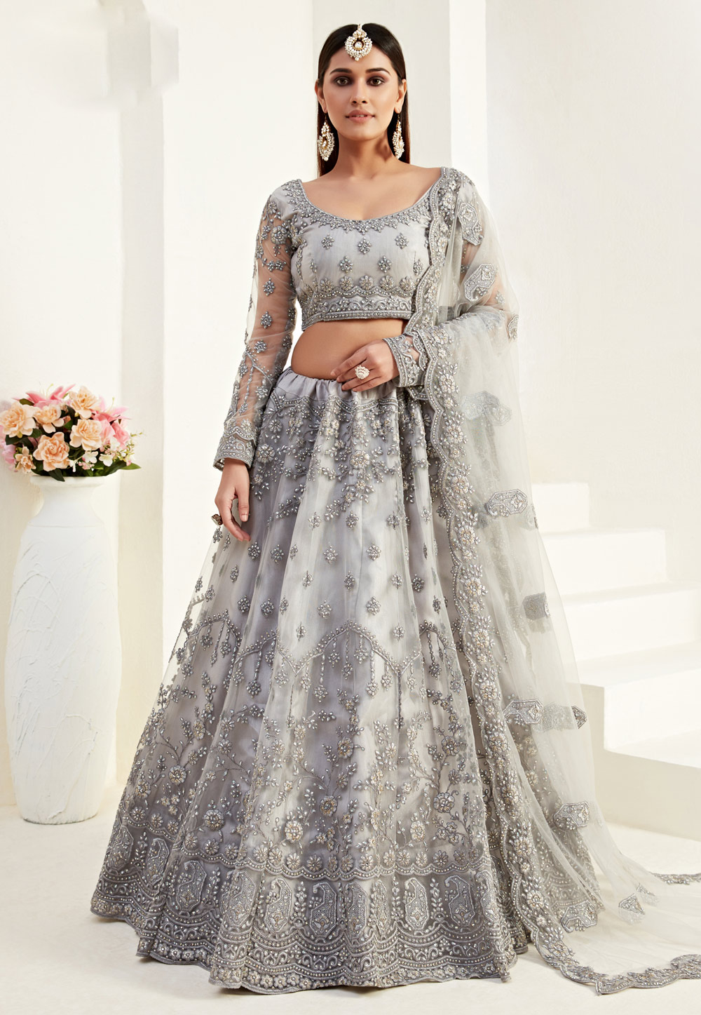 Grey Net Embroidered Circular Lehenga Choli 209721