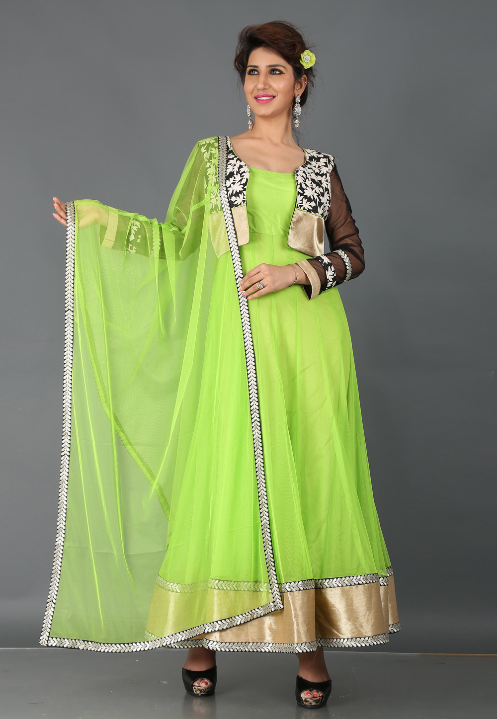 Green Soft Net Designer Party Wear Gown With Jacket 64290