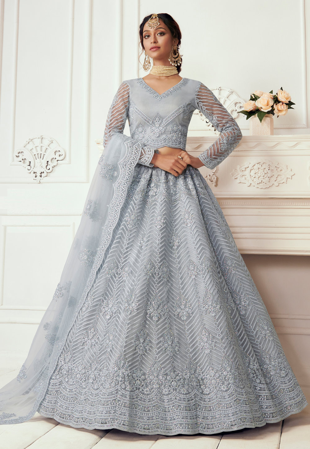 Grey Net Embroidered Lehenga Choli 223266