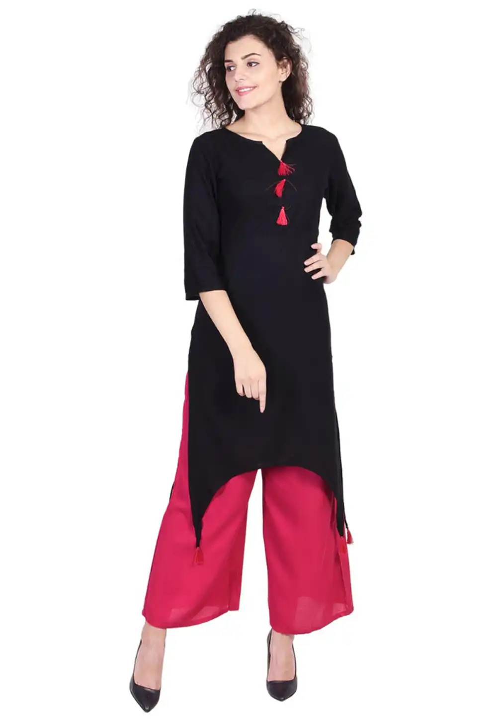 Black Rayon Readymade Kurta Set With Palazzo 213407