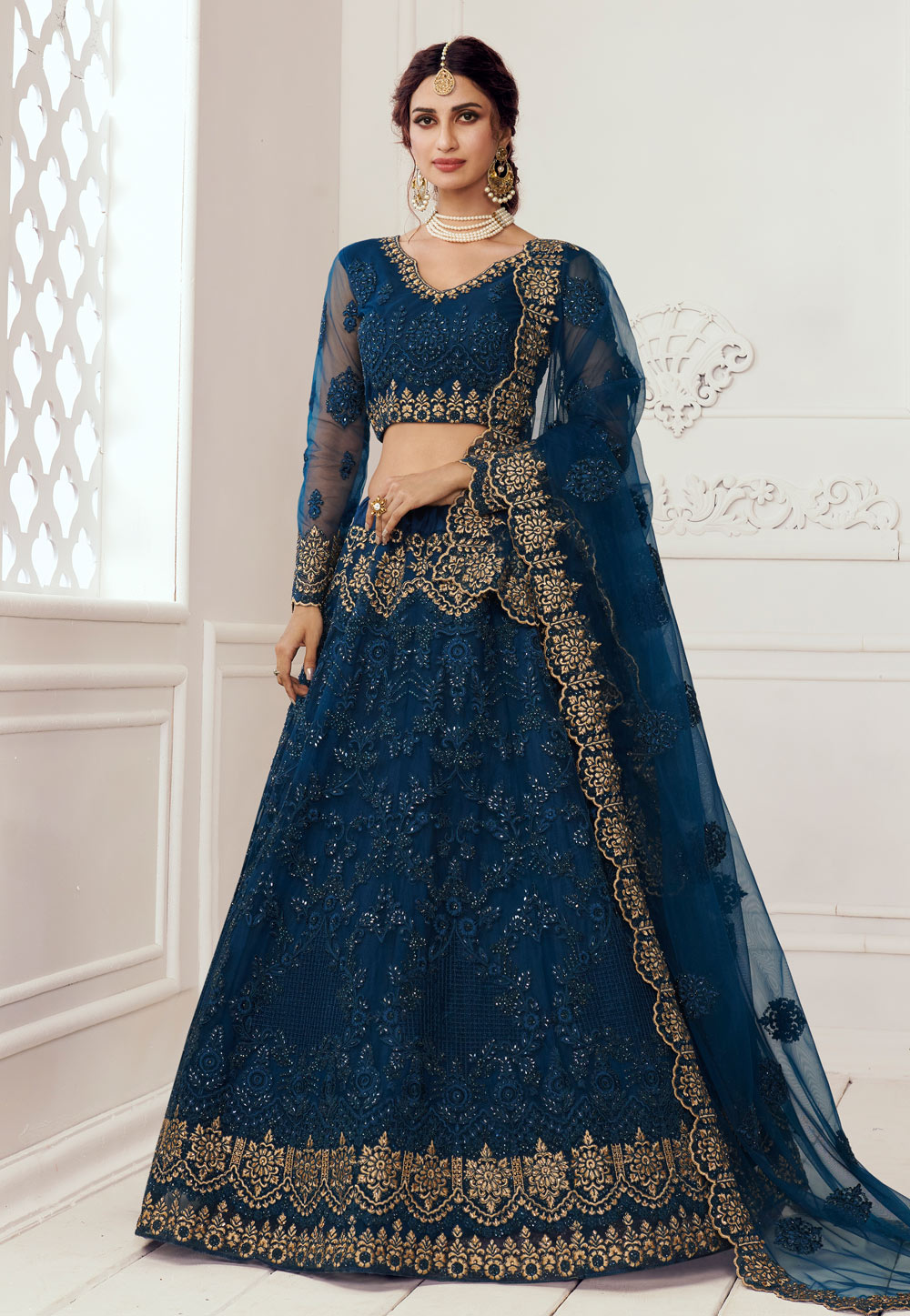 Blue Embroidered Net Lehenga Choli 223270