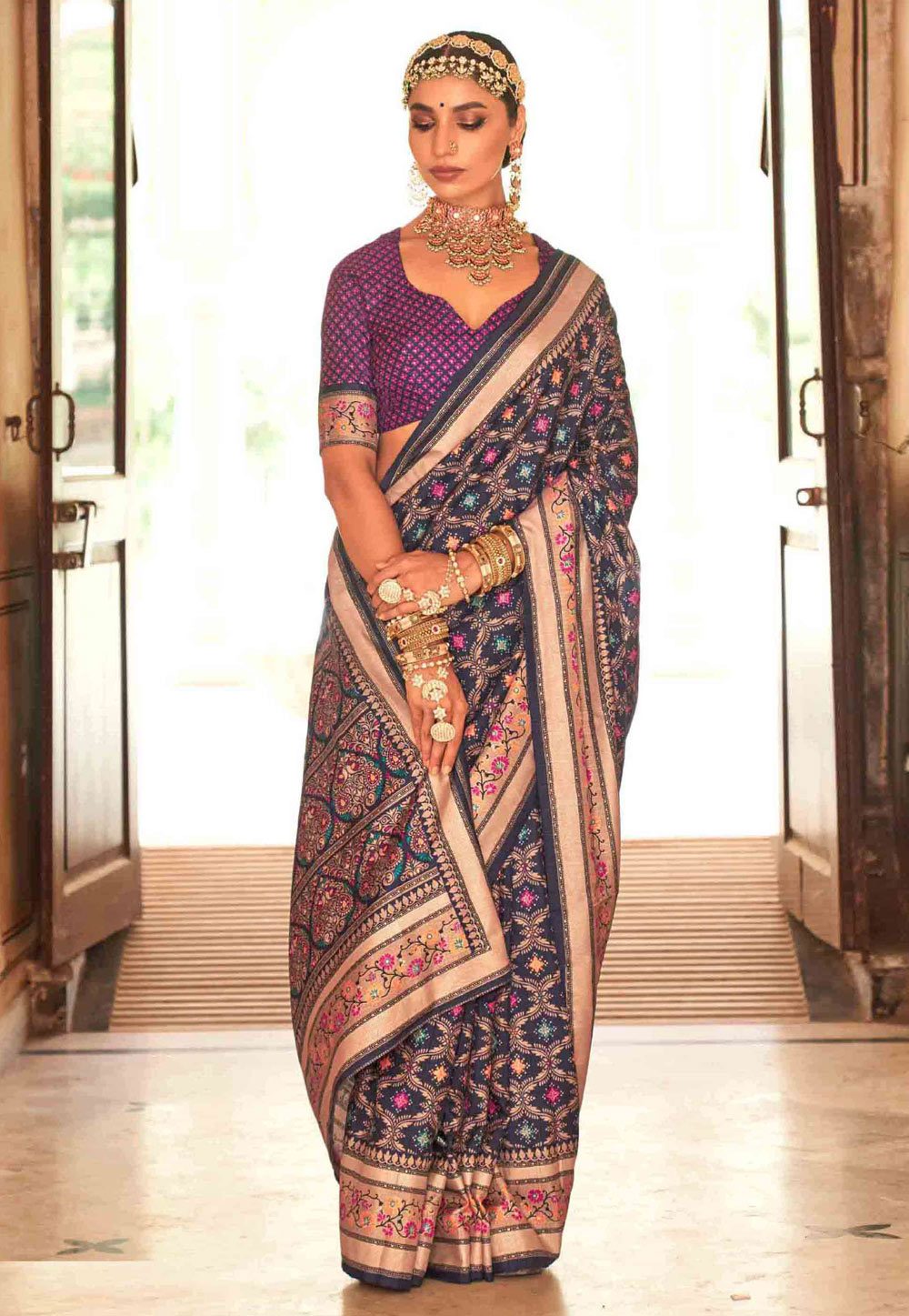 Navy Blue Silk Saree With Blouse 271397