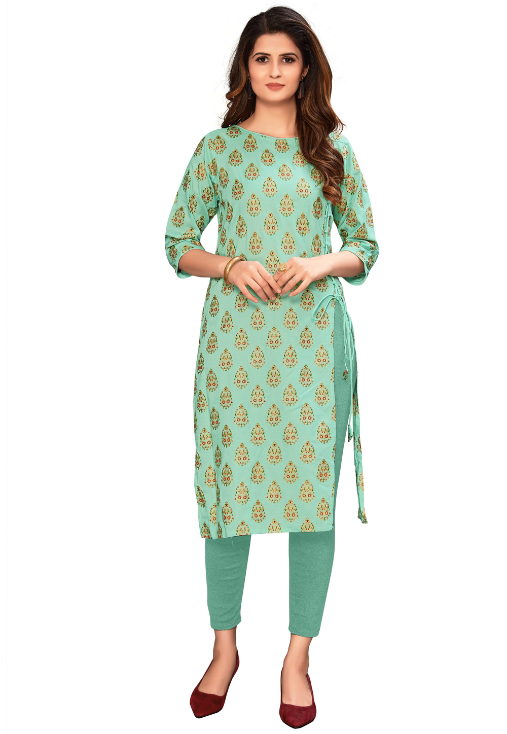 Sea Green Cotton Printed Tunic 219828