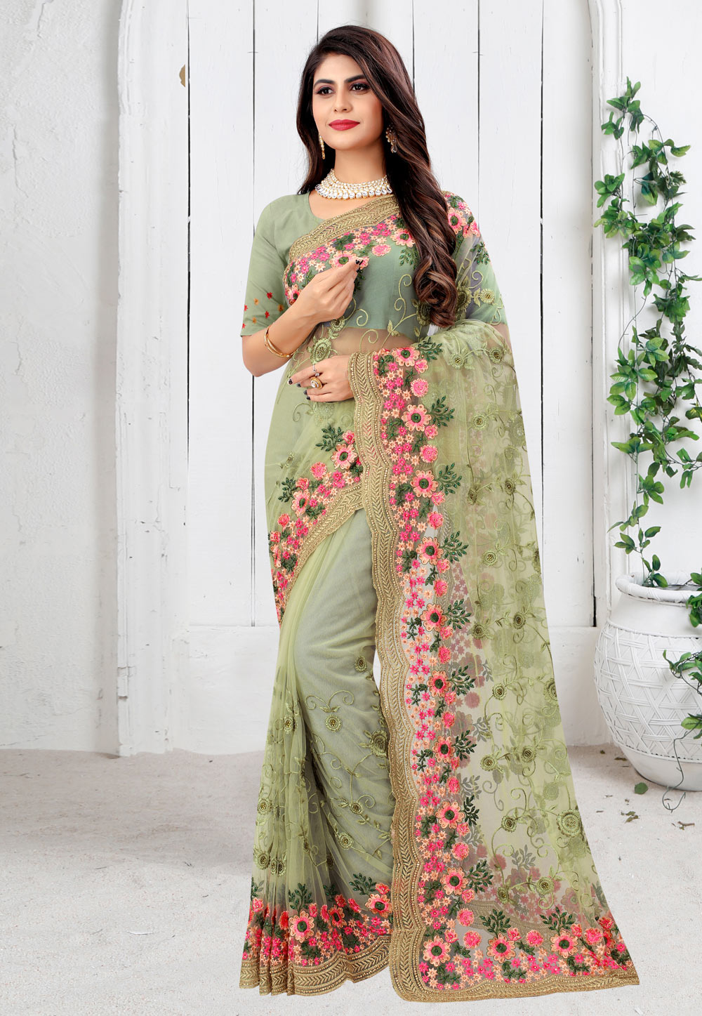 Light Green Net Festival Wear Saree 233939