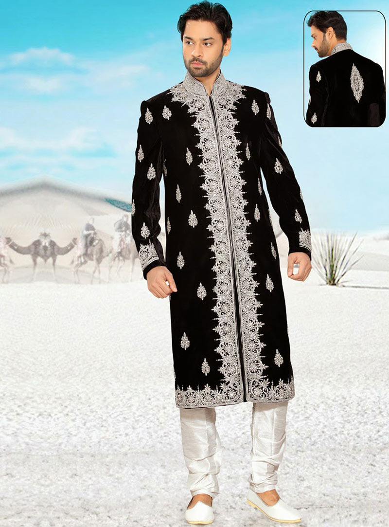 Black Art Silk Indo Western Sherwani 47981