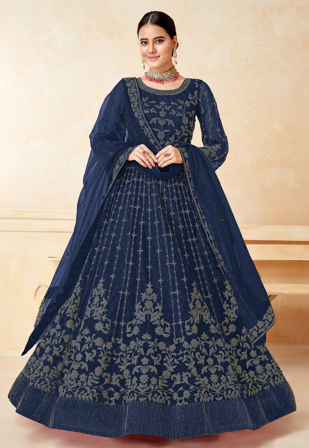 Navy Blue Net Long Anarkali Suit 258278