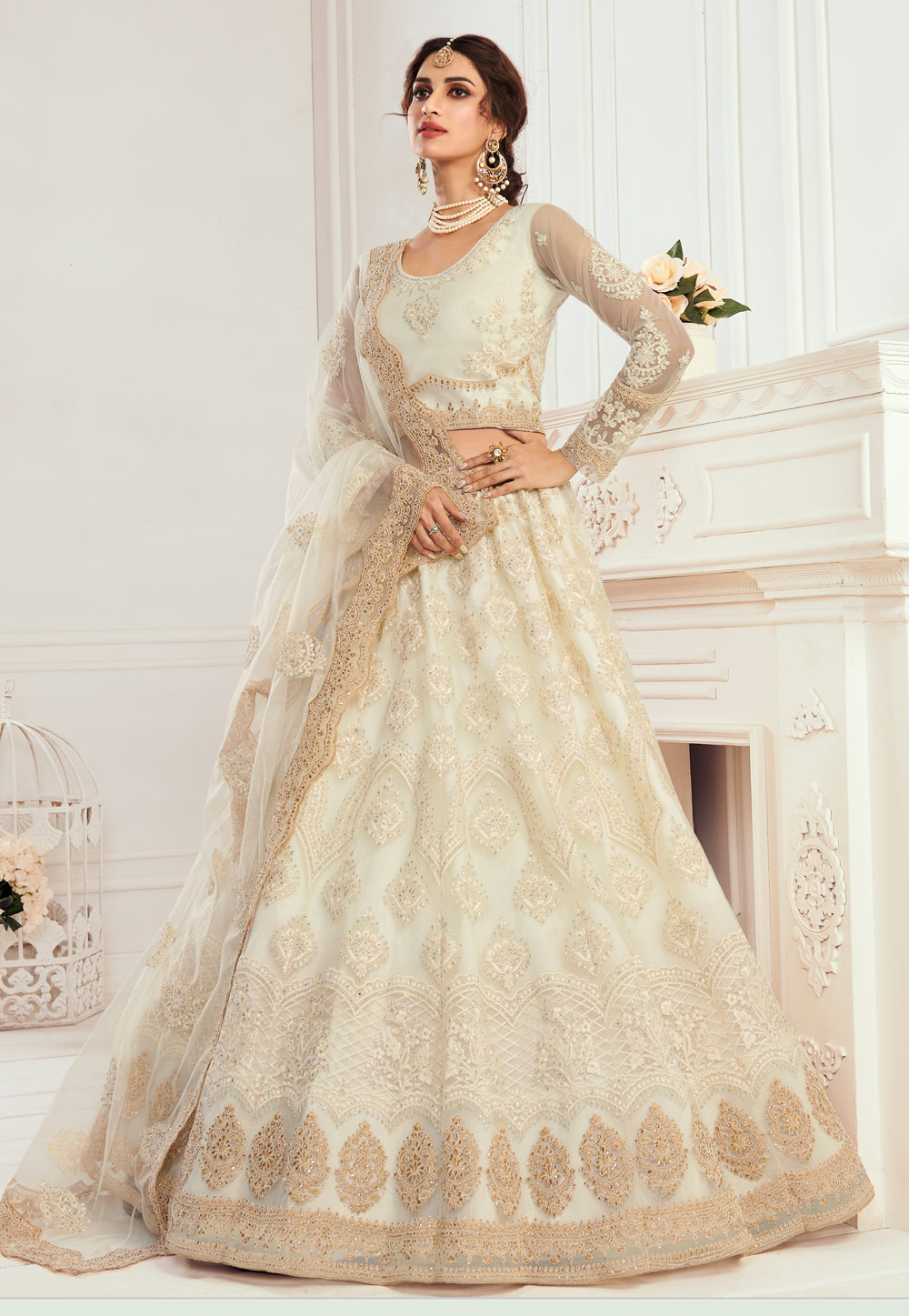 Off White Party Wear Net Lehenga Choli 223273