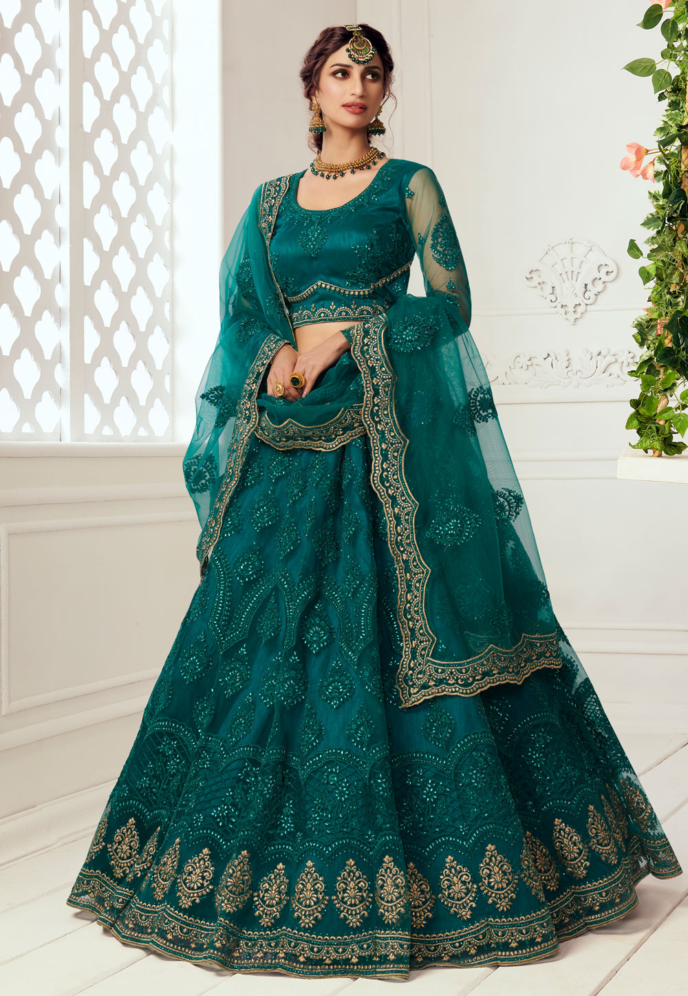 Teal Embroidered Net Lehenga Choli 223274