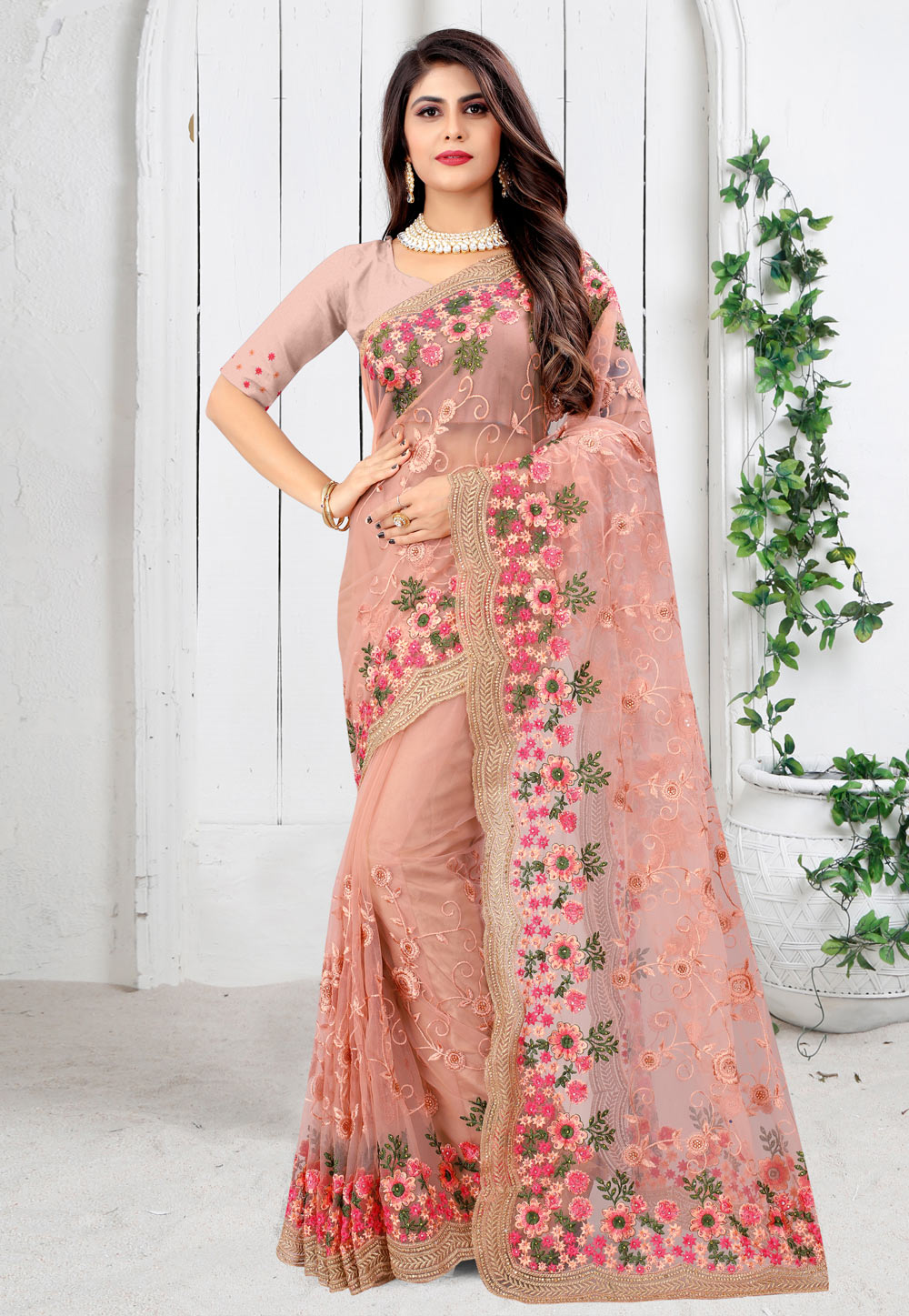 Peach Net Saree With Blouse 233940