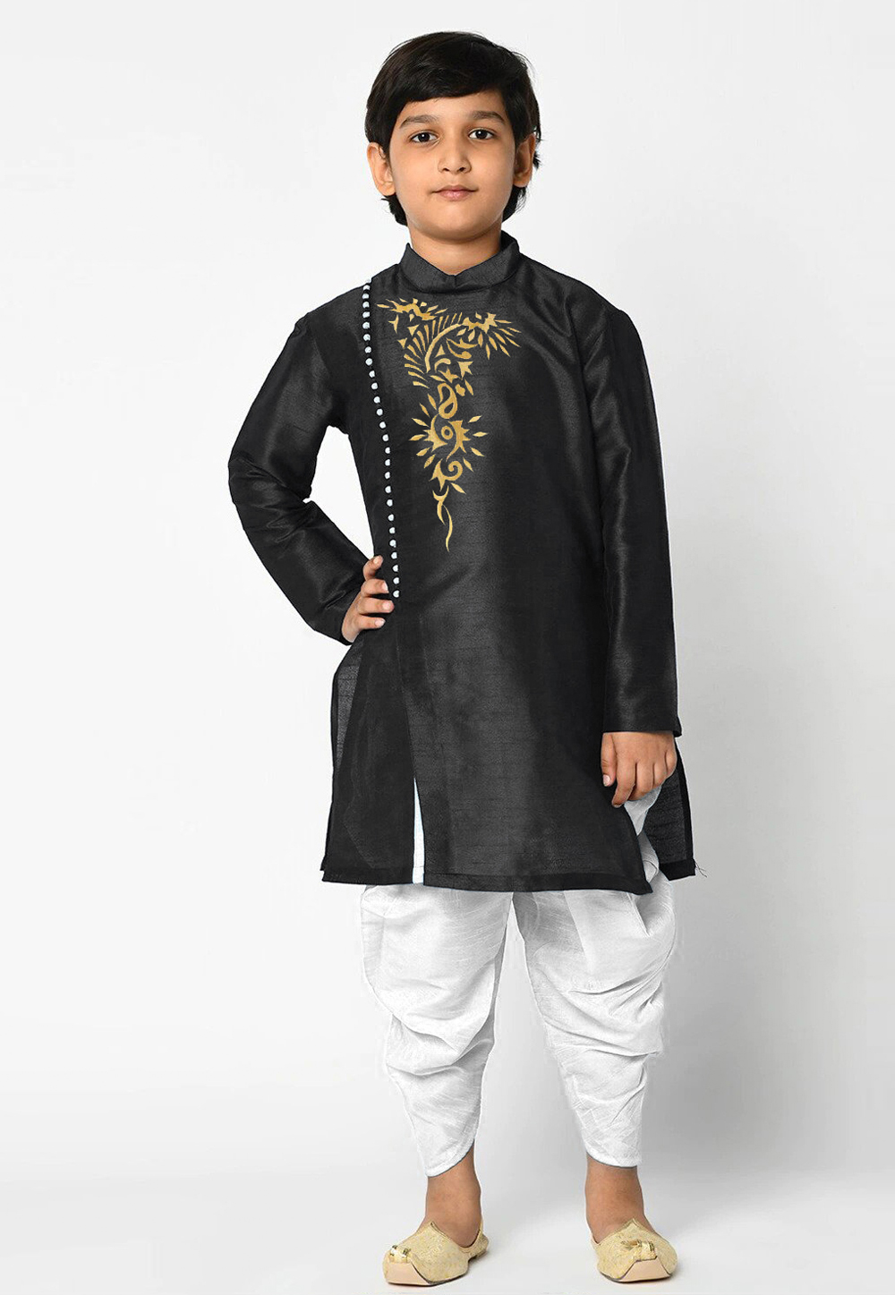 Black Dupion Silk Kids Dhoti Kurta 235398