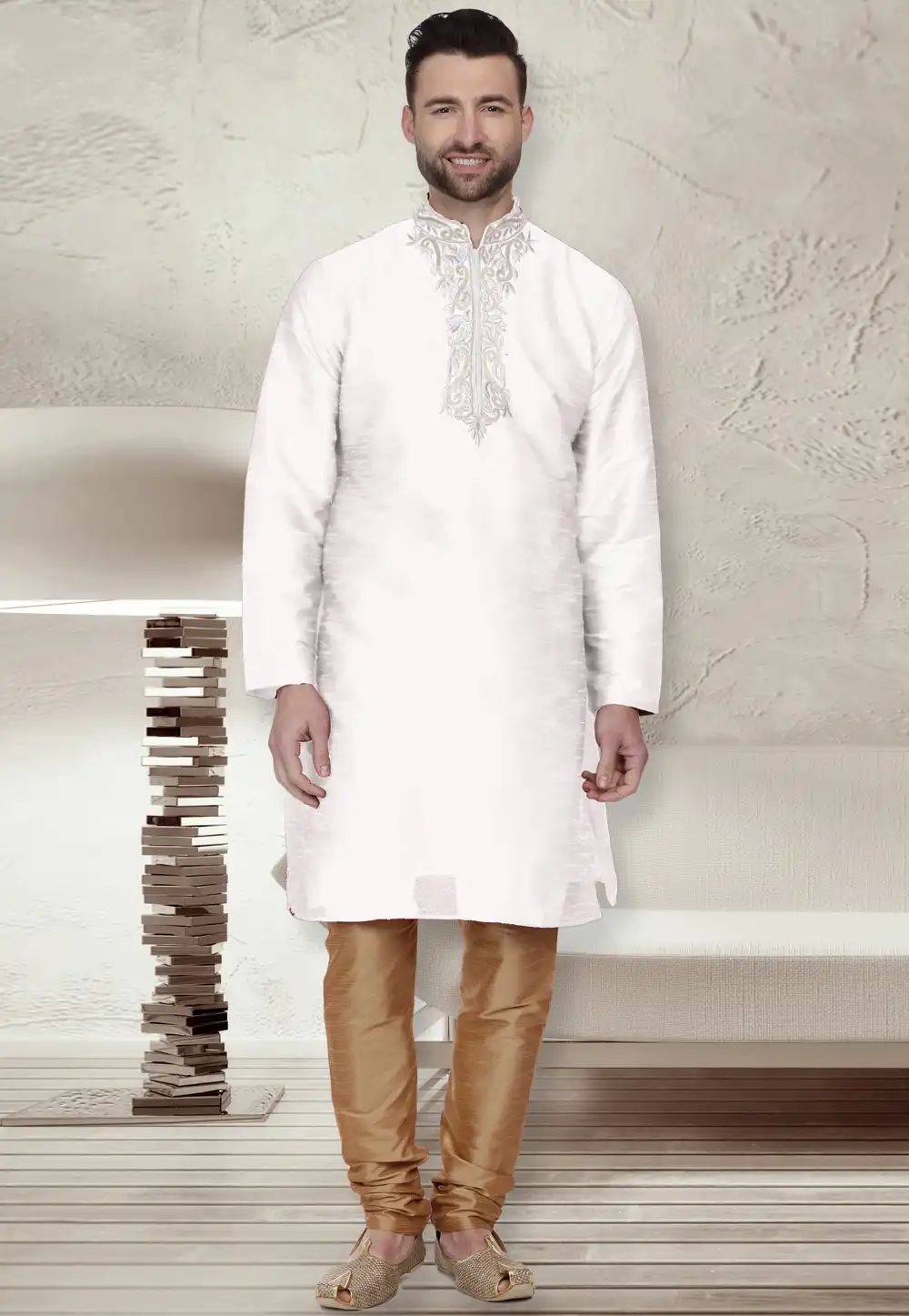 White Dupion Silk Readymade Kurta Pajama 203891