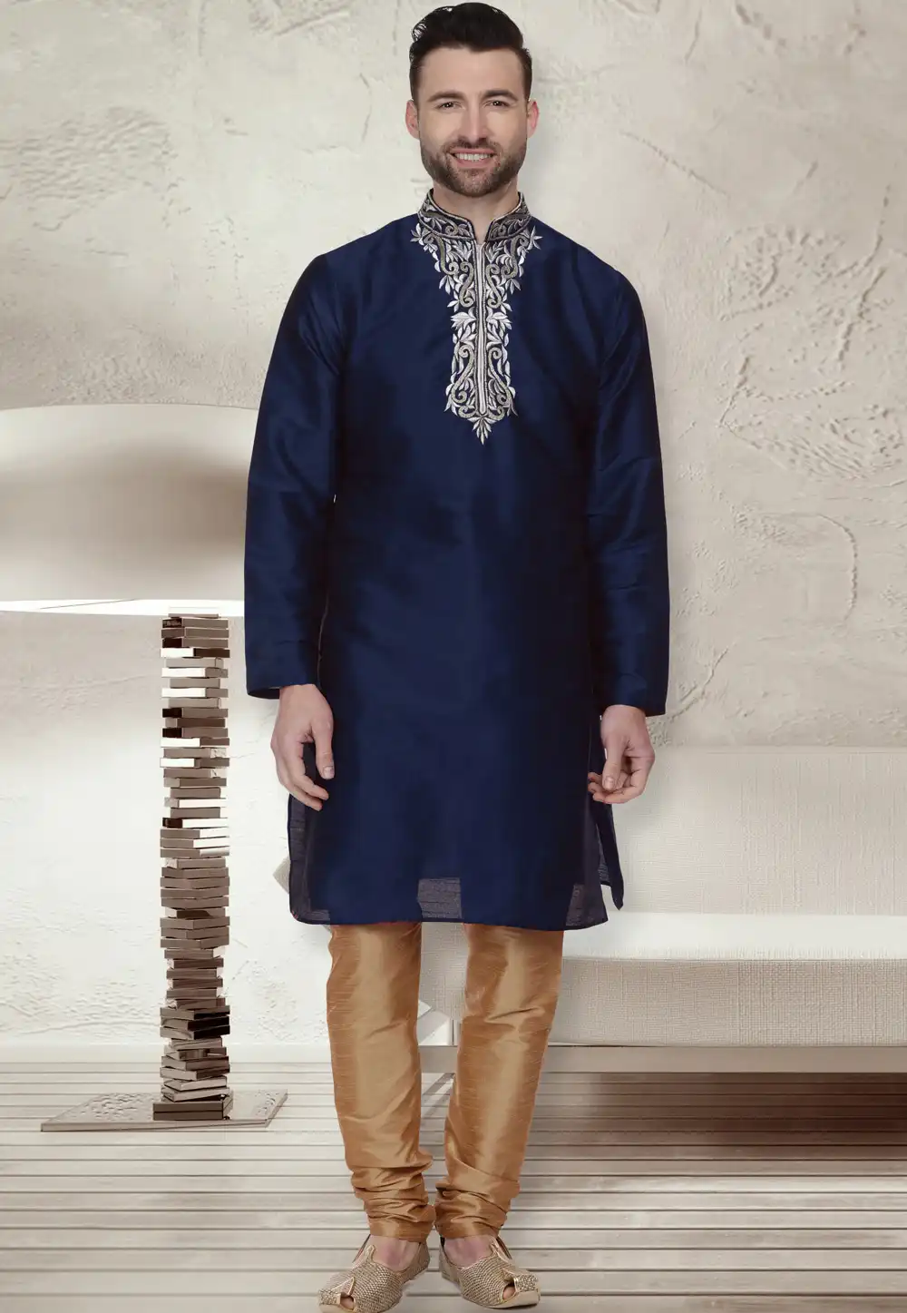Navy Blue Dupion Silk Readymade Kurta Pajama 203892