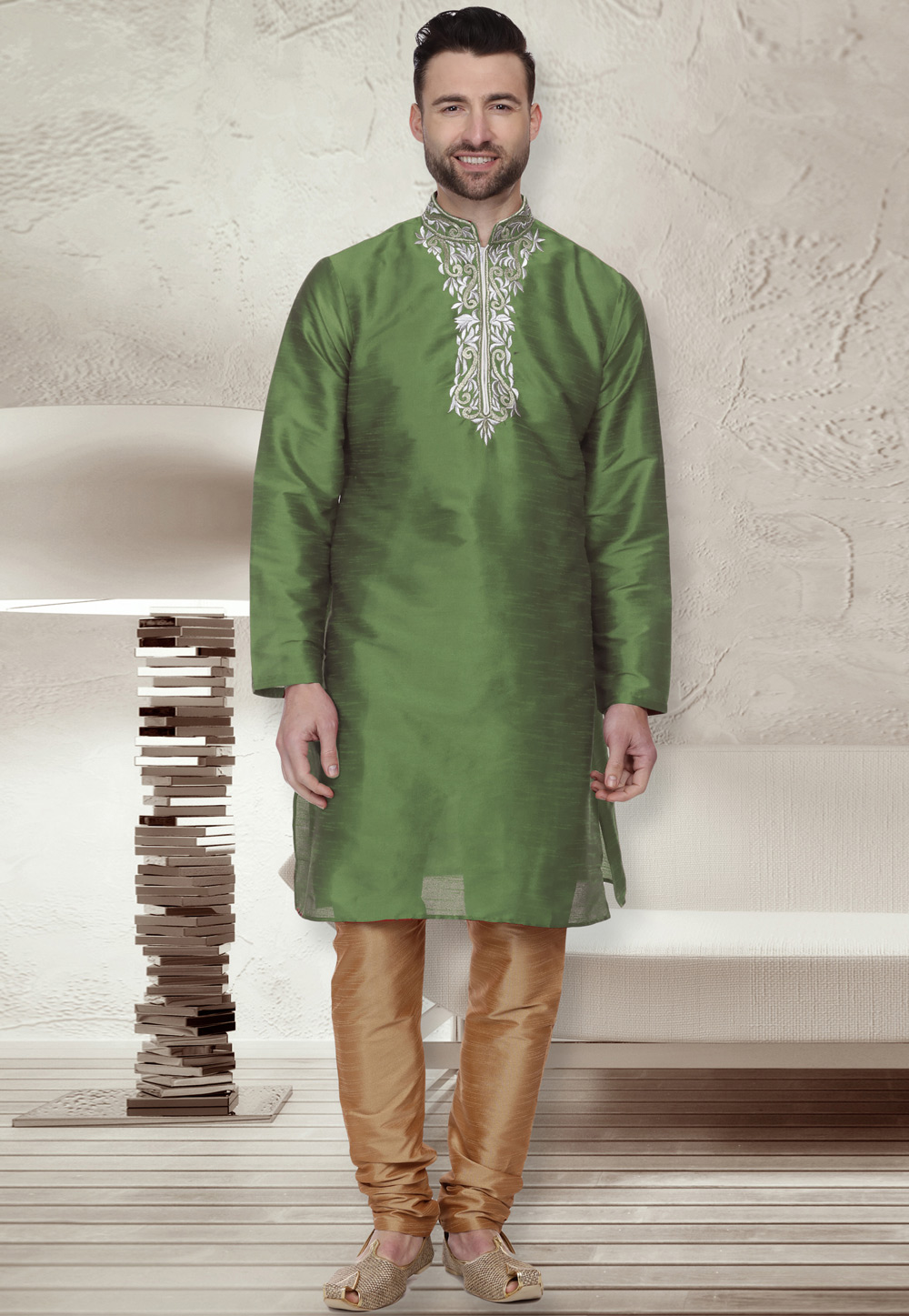 Green Dupion Silk Readymade Kurta Pajama 203893