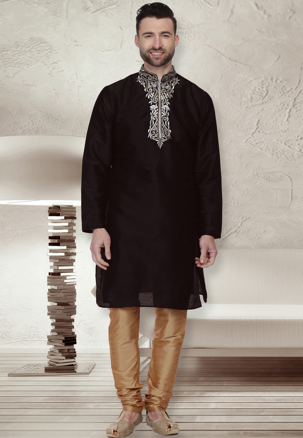 Black Dupion Silk Readymade Kurta Pajama 203895
