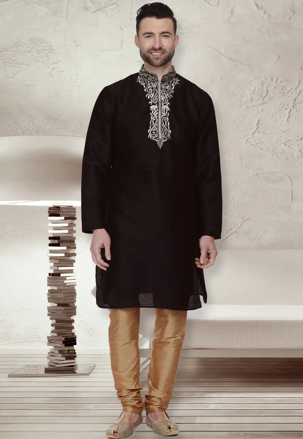 Black Dupion Silk Readymade Kurta Pajama 203895