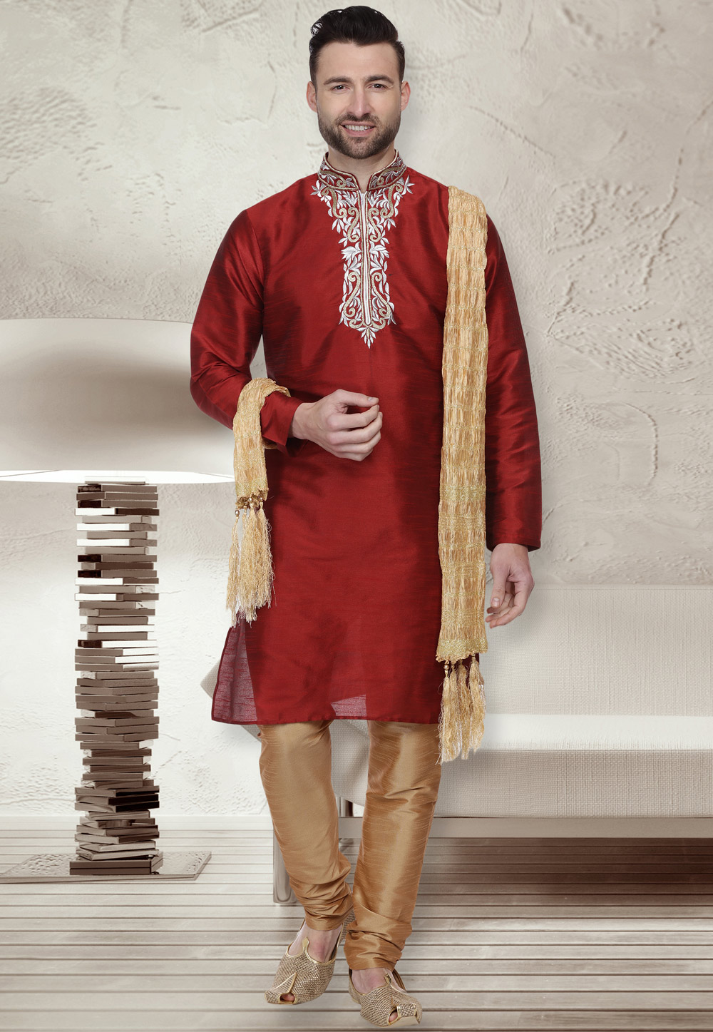 Maroon Dupion Silk Readymade Kurta Pajama 160961