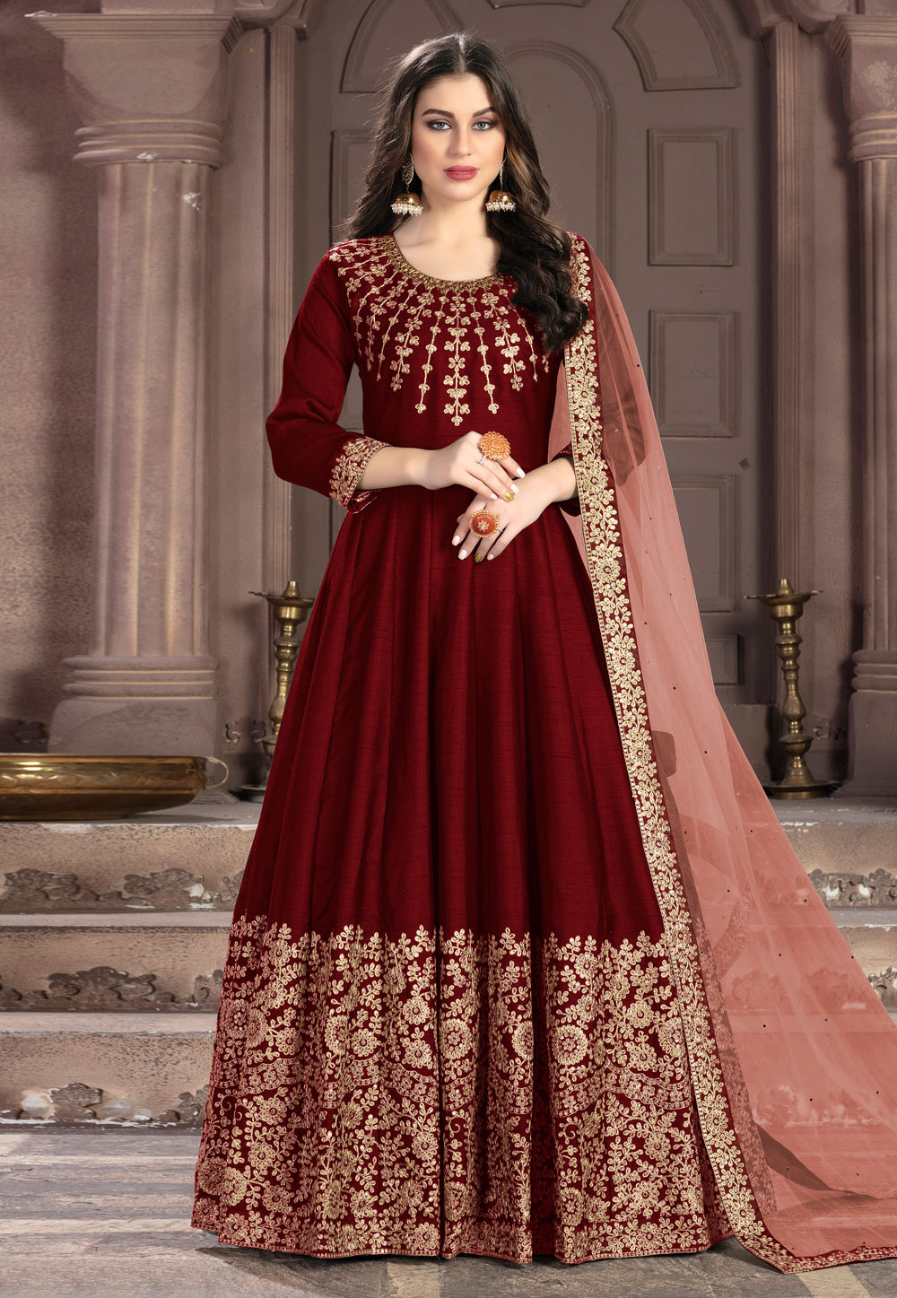 Maroon Silk Long Anarkali Suit 197531