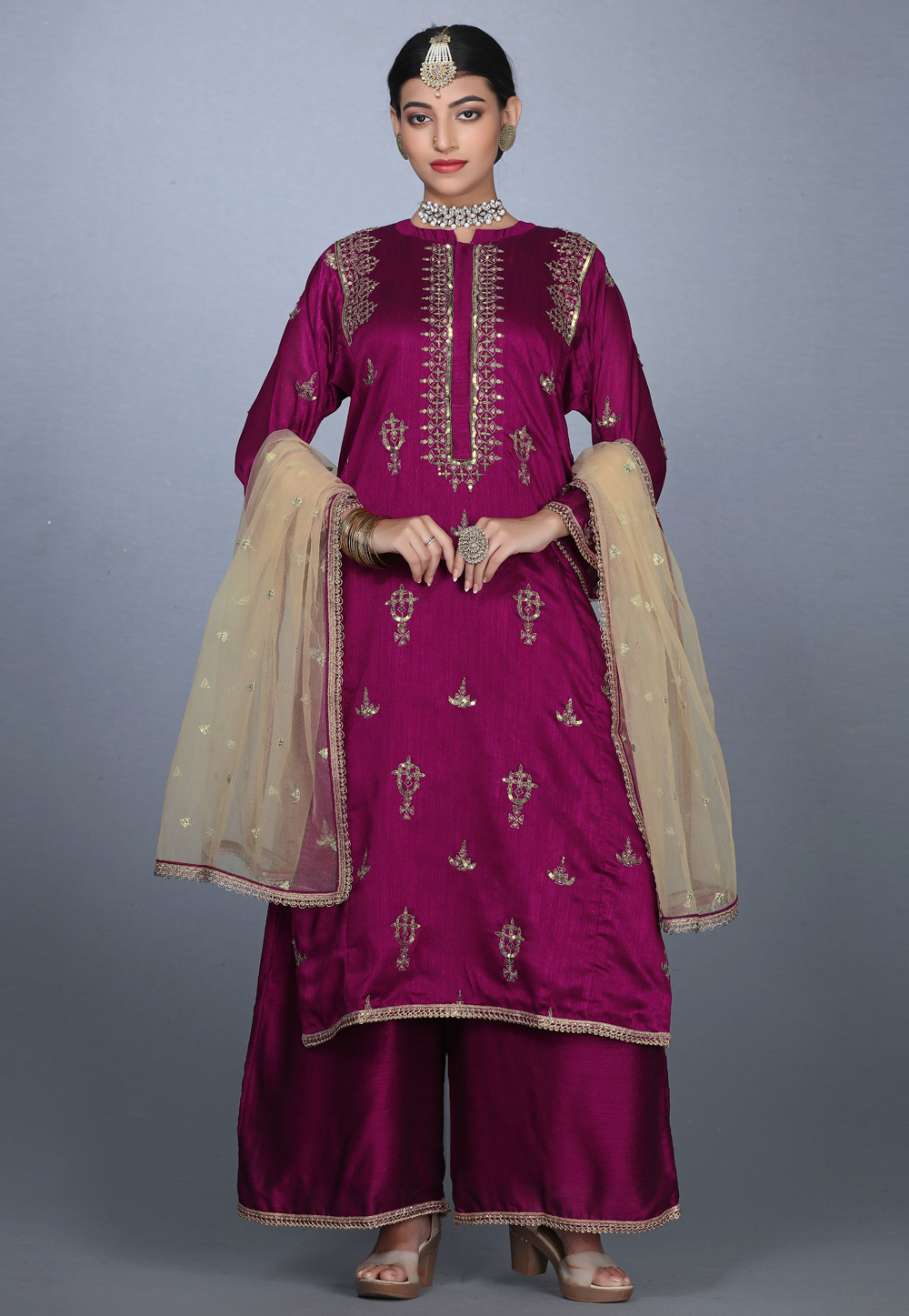 Purple Art Silk Handwork Kameez With Palazzo 240162
