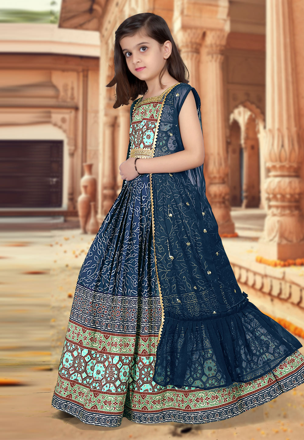 Navy Blue Silk Kids Lehenga Choli 263898